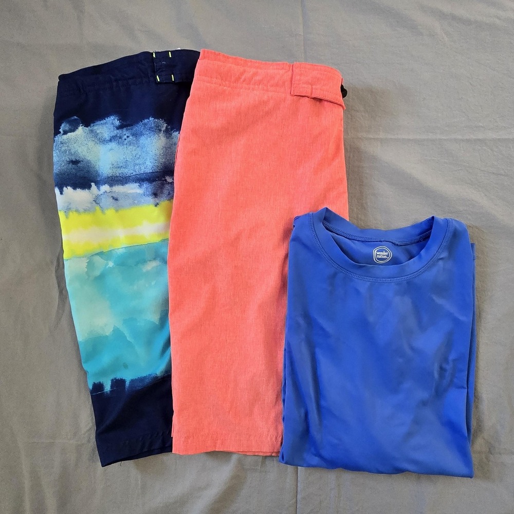 Wonder Nation Swim Trunks Boys XL 14-16 Husky Board Shorts Swim Shirt Lot 3pc